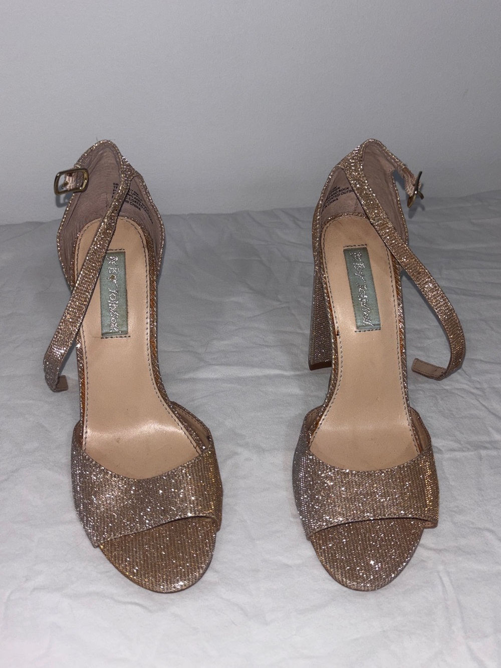 Betsey Johnson Gold Glitter Champagne Sparkle Block Heel Sandal Heels